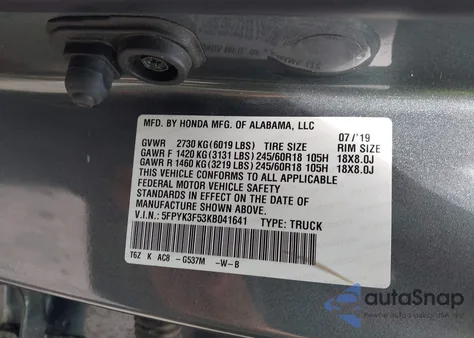 2019 Honda Ridgeline Rtl z USA, uszkodzony, nr VIN 5FPYK3F53KB041641